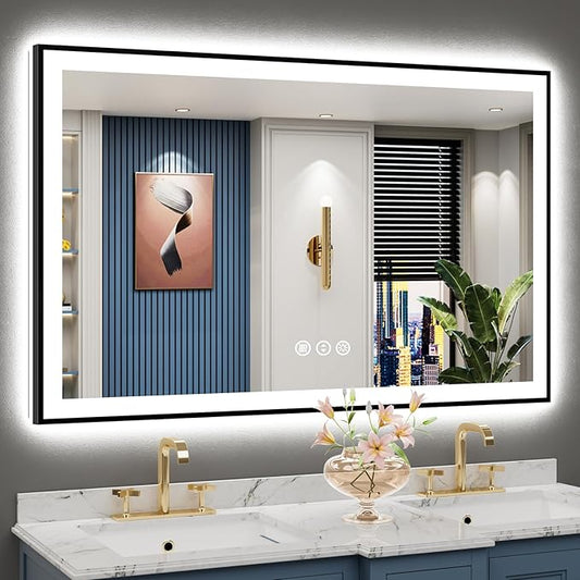 50x32 Inch Black Framed LED Bathroom Mirror with Lights, Backlit & Front Lit, Anti-Fog Lighted Vanity Mirrors for Bathroom Wall, Dimmable, 3-Color Light, Memory, Shatter-Proof, Tempered Glass