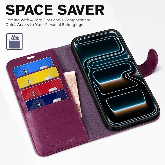 TUCCH Wallet Case for iPhone 17 Pro Max (6.9") 2025, RFID Blocking 4 Card Holders | Kickstand | Shockproof TPU Shell | PU Leather | Magnetic Closure | Protective Phone Cover | Plum Purple