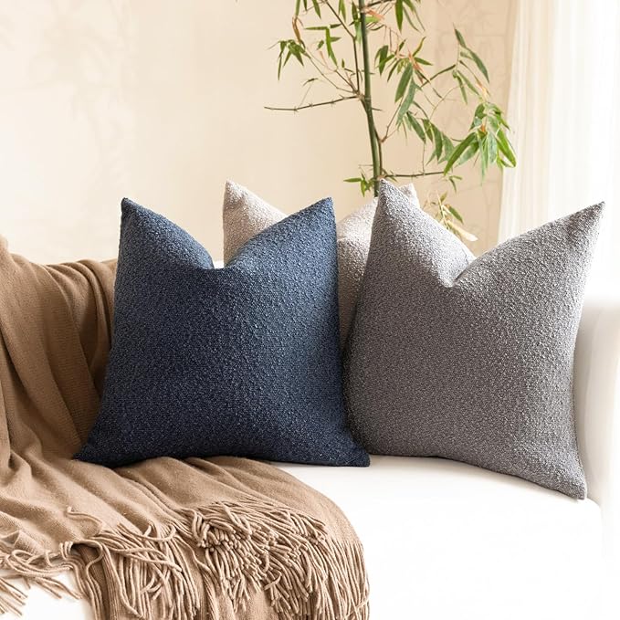 Boucle Decorative Throw Pillow Covers for Couch Set of 2, 26x26 inches, Light Grey