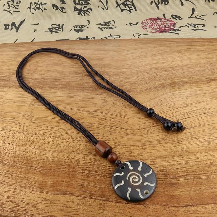 Handmade Black Bull Bone Pendant Necklace, Traditional Tribal Design, Wooden Beads, Adjustable Braided Rope, 24 Inch, Surfer Style