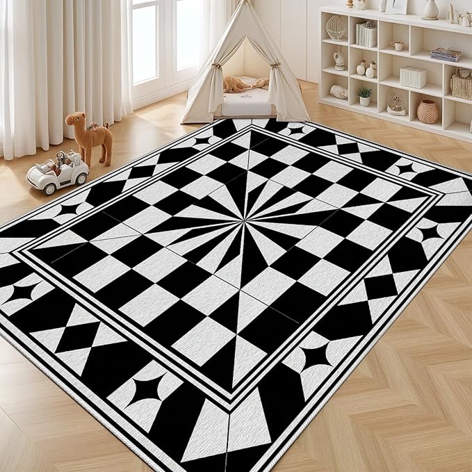 Black and White Checkered Rug, Checkered Rug 8x10, Modern Geometric Pattern Carpet, Retro Machine Washable Non Slip Area Rugs, Contemporary Rugs for Living Room/Bedroom 8x10