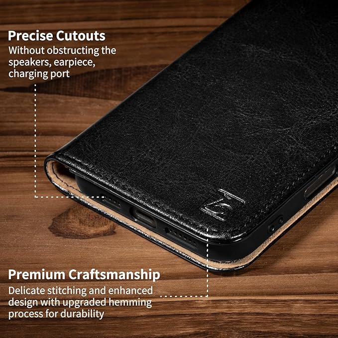 Belemay Leather Wallet Case Compatible with iPhone 17, Premium Cowhide Leather Two-Tone Effect, RFID Blocking Card Holders, Shockproof TPU Shell, Kickstand, Protective Flip Cover, 6.3", Black