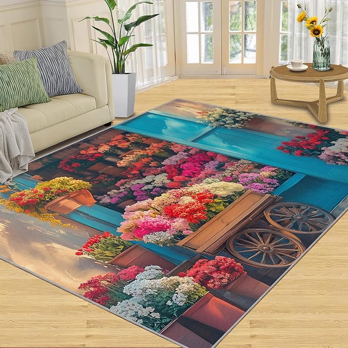 Pastoral Flowers 5x7 Area Rug Colorful Flower Shop Washable Rugs for Living Room Bedroom, Retro Wooden Door Soft Low Pile Non Slip Accent Floor Mat Print Throw Rug Indoor Carpet Dining Room Playroom