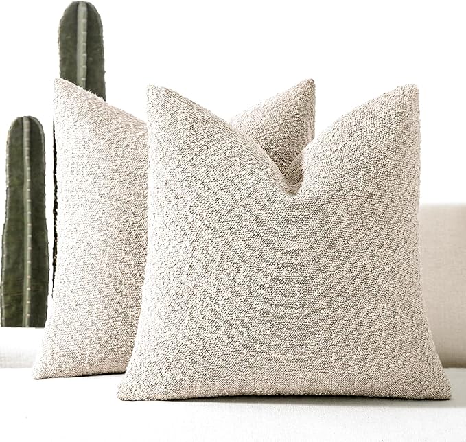 Boucle Decorative Throw Pillow Covers for Couch Set of 2, 24x24 inches, Beige