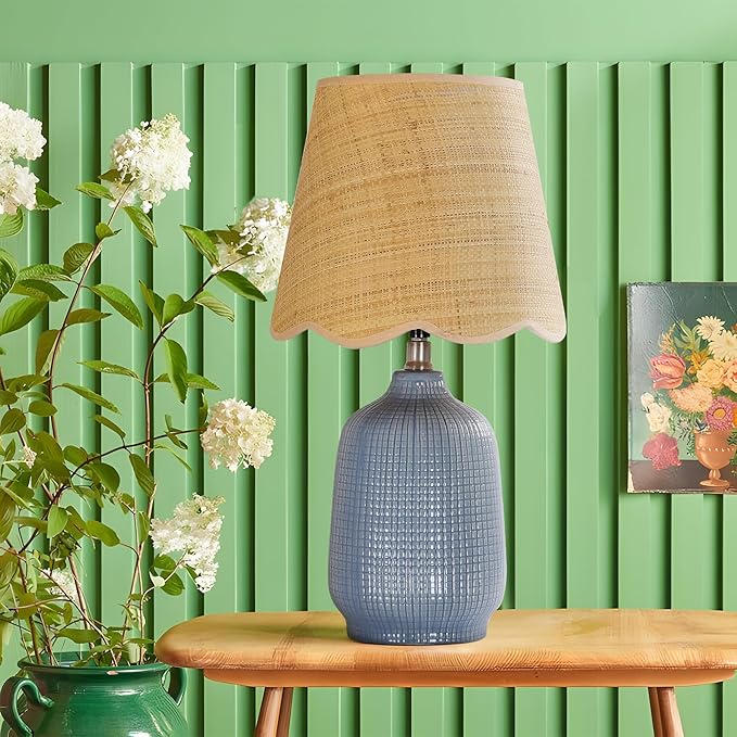Pia Ricco 19" Modern Ceramic Table Lamp for Living Room Gray Bule Base Desk Lamps for Bedroom Farmhouse Bedside Nightstand Lamp End Table Lamps,Bule,Rattan Shade