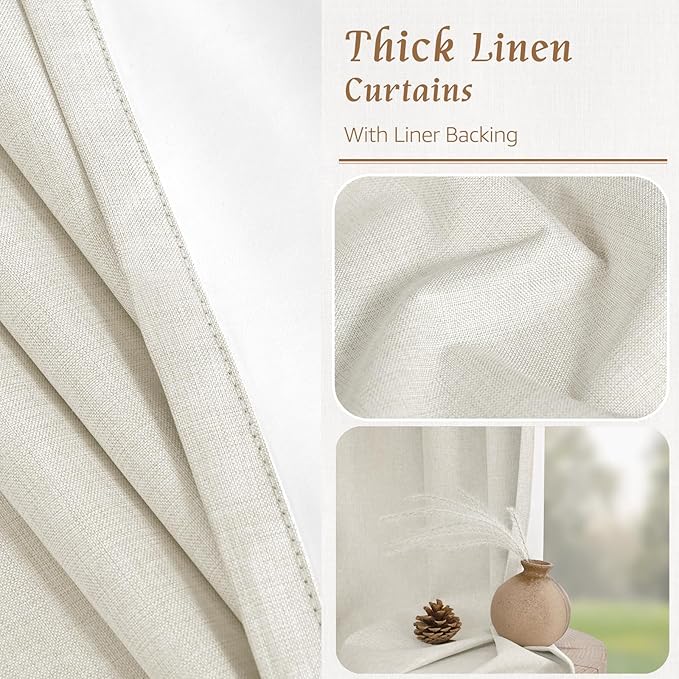 LAMIT Natural 100% Blackout Linen Curtains, 78 Inches Linen Textured Thermal Bedroom Curtains Back Tab and Rod Pocket Neutral Panels with White Liner for Farmhouse, 2 Panels, 52 x 78 Inch, Ivory
