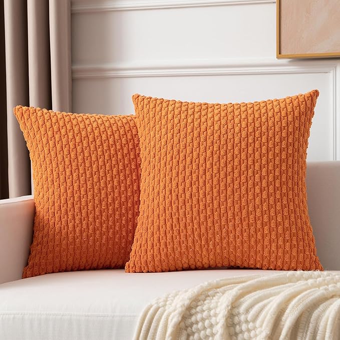 Kevin Textile Fall Pack of 2 Corduroy Decorative Throw Pillow Covers 16x16 Inch Soft Boho Striped Pillow Covers Modern Farmhouse Home Decor for Spring Sofa Living Room Couch Bed Orange