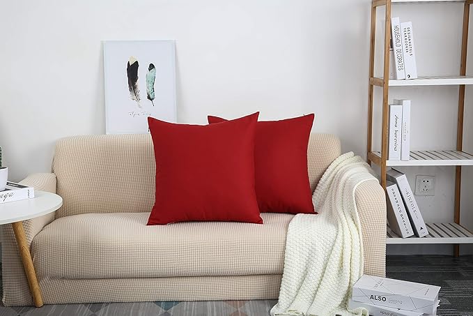 TangDepot Set of 2 Handmade Decorative Solid 100% Cotton Canvas Throw Pillow Covers/Cushion Covers, 45 Colors Available - (20"x20" 2 Pieces, Deep Red)