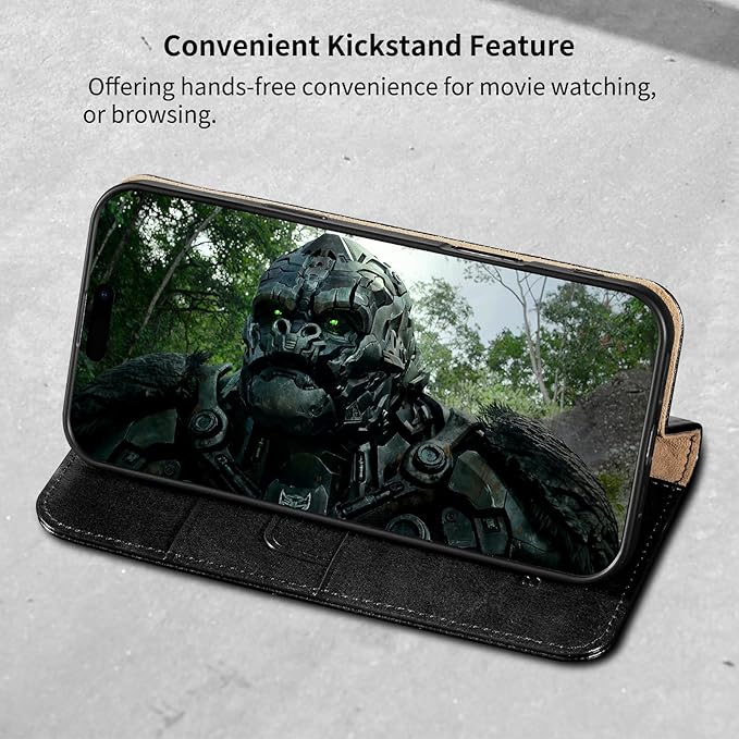 Belemay Genuine Leather Wallet Case for iPhone 17 Air, Premium Cowhide Leather Two-Tone Effect, RFID Blocking Card Holders, Shockproof TPU Shell, Kickstand, Flip Cover for iPhone Air 2025 6.5", Black