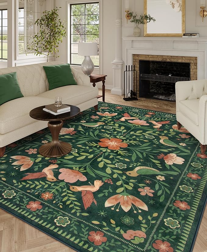 Moynesa Green Washable 8x10 Area Rugs for Living Room Bedroom Dining Room, Modern Cottage Farmhouse Aesthetic Floral Bird Medallion Carpet, Vintage Home Decor Open Floor Areas Protection Non-Slip