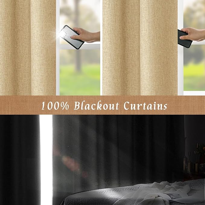 LAMIT 40 Inch Length 100% Blackout Linen Curtains, Linen Textured Thermal Curtains Back Tab and Rod Pocket Neutral Panels with White Liner for Kitchen/Windows/Cafe, 2 Panels, 42 x 40 Inch, Burlap