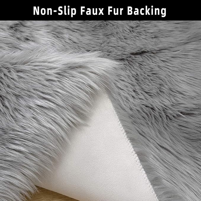 Grey Faux Fur Sheepskin Area Rug for Living Room Bedroom, 2 x 6 Feet Ultra Soft Shaggy Fuzzy Furry Carpet Chair Throw Runner Rugs for Kids, Girls, Nursery Room Decor Dorms
