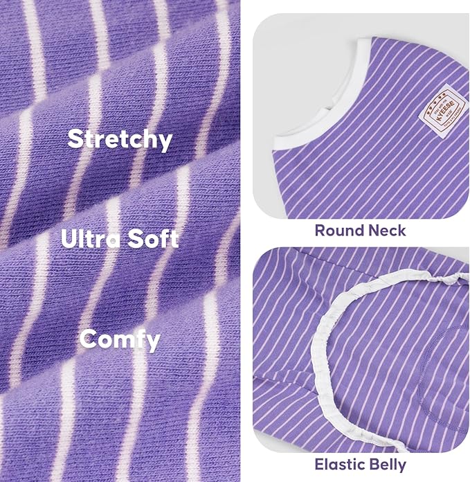 KYEESE Dog Pajamas Stretchable 4 Legs Doggie Jammies Striped Dog PJS Jumpsuit Lightweight Onesie Puppy Pajamas Soft Breathable Cozy Pet Outfit PJS Comfortable Sleepwear,Purple Striped, X-Small
