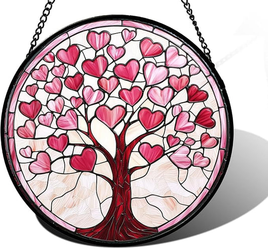 DASTOLL Stained Glass Window Hanging, Valentine's Day Gifts Pink Love Heart Tree Suncatcher Hangings Beige Sun Catchers Decor for Birthday for Women, Men, Wife, Aunt, Mom 6.3 in
