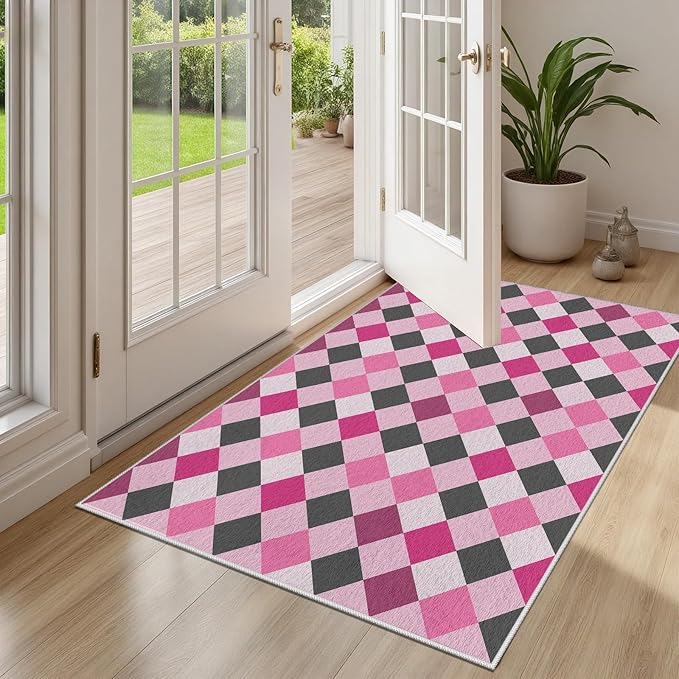 Diamond Checkered Rug 4x6, Soft Ultra Soft Faux Wool Abstract Geometric Rugs, Indoor Floor Mats Carpet, Non Slip&Non-Shedding Low Pile Washable Rugs, Modern Red Rug for Bedroom