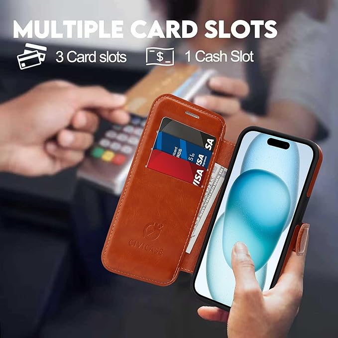 CIVICASE for iPhone 15 Wallet Case with Stand,PU Leather Flip Credit Card Holder Slots (RFID Blocking),Compatible with Magsafe Magnetic Holder Phone Cover Women Men, Brown