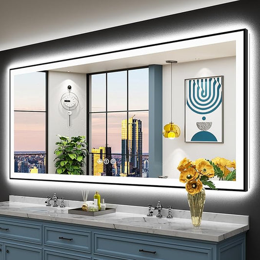 88x38 Inch Black Framed LED Bathroom Mirror with Lights, Backlit & Front Lit, Anti-Fog Lighted Vanity Mirrors for Bathroom Wall, Dimmable, 3-Color Light, Memory, Shatter-Proof, Tempered Glass