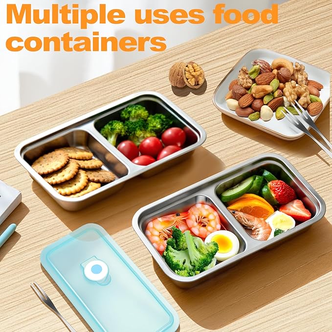 vovoyager Stainless Steel Snack Containers with Lids, Reusable Bento Lunch Container Box, Food Storage, Leak Proof, Dishwasher-Safe, Grab and Go for Work, 6 Pack (Double Compartment) -With 6 Forks