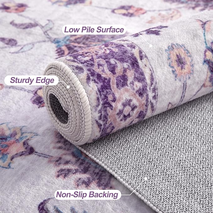 Tangsoo Runner Rug Hallway 2x6 Washable Carpet Runner Boho Vintage Floral Distressed Print Non Slip Soft Low-Pile Indoor Rug for Kitchen, Entryway, Bedroom, Laundry, Hallway Runner (Purple)