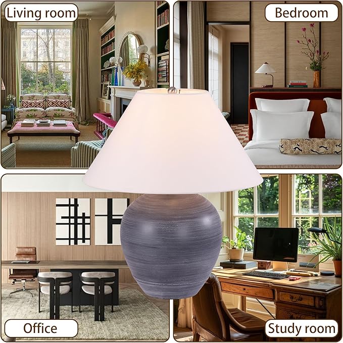 Pia Ricco 21'' Large Gray Base Ceramic Basin Table Lamp for Bedroom, Living Room, Dining Room, Office, White Shade,White Striped Black Base