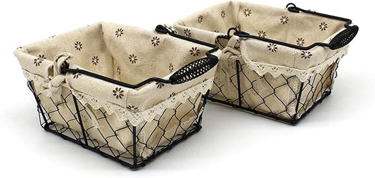 CVHOMEDECO. Primitives Country Chicken Wire Small Gift Baskets Gathering Baskets with Swing Handle and Fabric Liner. Set of 2 (Rectangular)