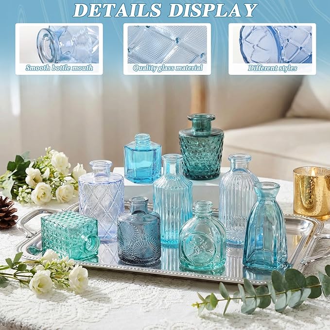 Set of 15 Blue Colored Glass Bud Vases - Small Textured Flower Vases for Centerpieces, Wedding Table Decor, Retro Home Decor Bulk Vase Set for DIY, Events & Gifts