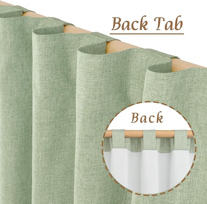 LAMIT Natural 100% Blackout Linen Curtains, 45 Inches Linen Textured Thermal Bedroom Curtains Back Tab and Rod Pocket Neutral Panels with White Liner for Farmhouse, 2 Panels, 38 x 45 Inch, Light Green