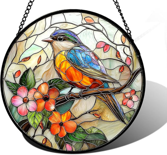 DASTOLL Stained Glass Window Hanging, Blue Bird Pink Flower Suncatcher Diamond Glass Panel Bird Sun Catchers Decor for Birthday for Women, Men, Wife, Aunt, and Mom 7.8 in