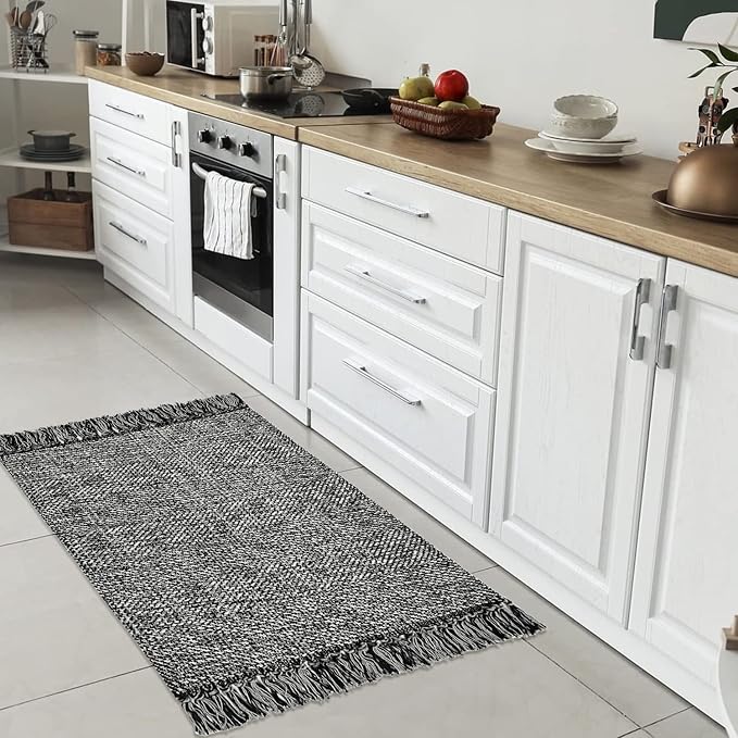 Collive Black Bathroom Rug, 2' x 3' Hand-Woven Washable Small Kitchen Rugs, Cotton Reversible Entryway Rug Modern Farmhouse Carpet for Foyer Bedroom Back Door