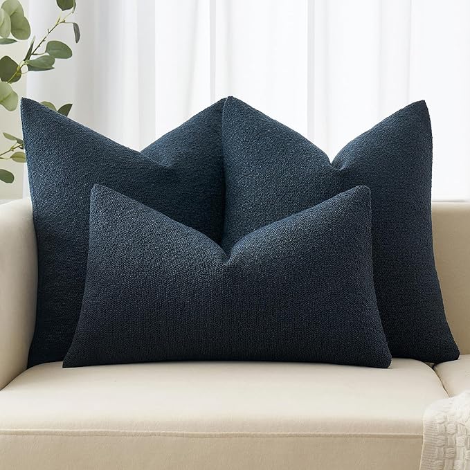 MIULEE 22x22 Inch Decorative Euro Sham Throw Pillows for Bed Set of 2 Textured Boucle Neutral Winter Throw Pillow Covers Navy Blue Accent Solid Euro Couch Pillowcases Sofa Livingroom Home Decor