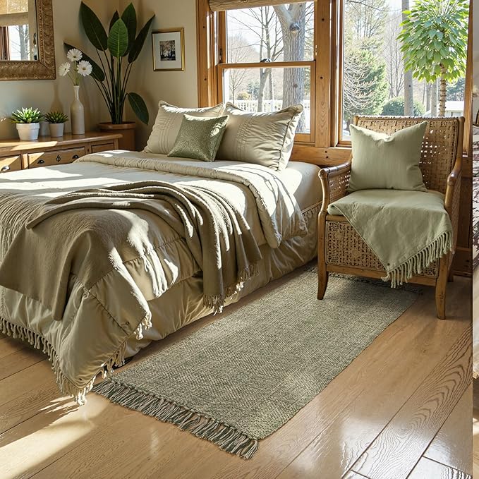 Collive Kitchen Runner Rug 2' x 4.3', Hand-Woven Cotton Reversible Washable Entryway Runner Rug, Natural/Green Farmhouse Bathroom Rug Modern Bedroom Carpet for Laundry Room Front Door Décor
