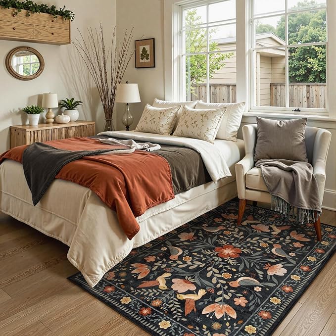 Moynesa 3x5 Entryway Rug Indoor, Modern Transitional Washable Non-Slip Low Pile Black Area Rug for Bedroom Kitchen Entry,Lightweight Foldable Farmhouse Floral Bird Carpet Folk Art Home Decor