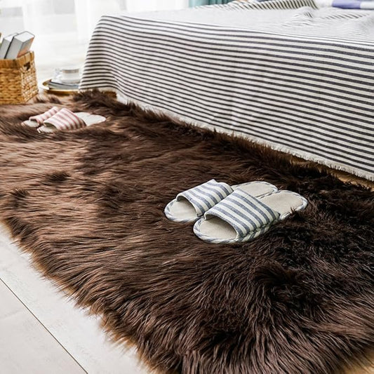 Carvapet Luxury Soft Faux Sheepskin Fur Area Rugs for Bedside Floor Mat Plush Sofa Cover Seat Pad for Bedroom, 2.3ft x 5ft,Brown