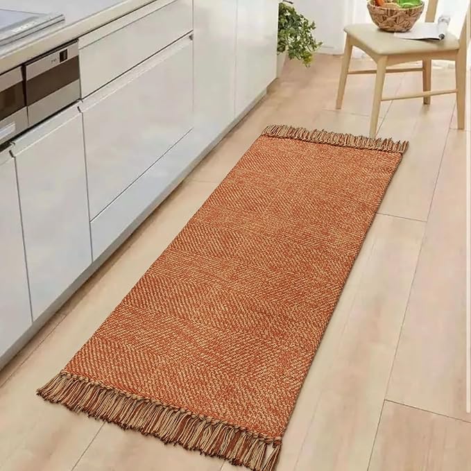 Collive Kitchen Runner Rug, 2' x 4.3' Hand-Woven Reversible Washable Rugs, Terracotta Cotton Modern Farmhouse Bathroom Mat Hallway Carpet for Foyer Bedroom Entry Front Door Fall Decor