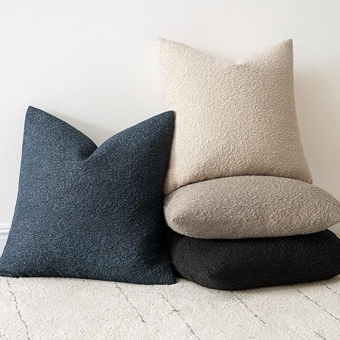 Woaboy Pack of 2 18x18 Inch Decorative Boucle Throw Pillow Covers Textured Square Pillowcaes Accent Solid Cozy Soft Cushion Covers Home Decor for Sofa Couch Living Room Home Decor,Light Taupe