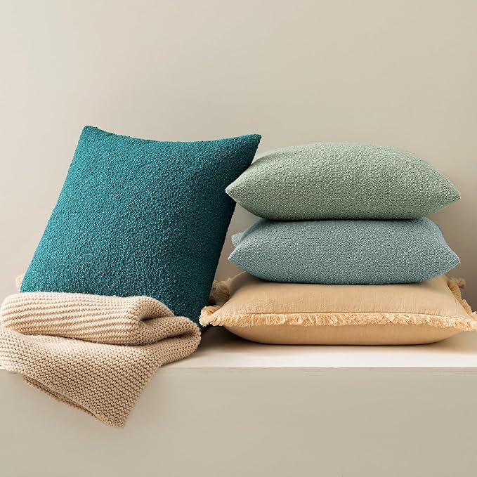 MIULEE 18x18 Inch Decorative Pillow Covers for Couch Bed Set of 2 Textured Boucle Neutral Winter Throw Pillows Aqua Blue Accent Solid Cushion Pillowcases Sofa Livingroom Home Decor
