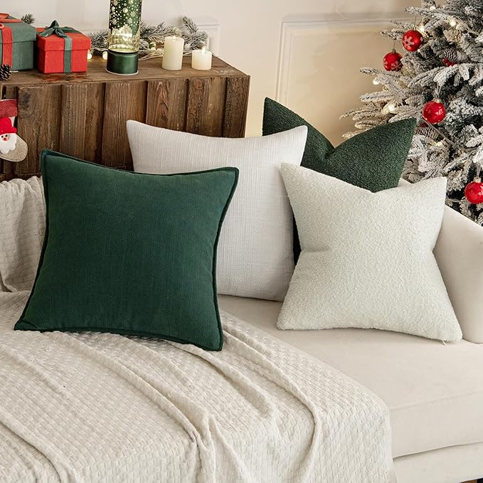 MIULEE 12x20 Inch Christmas Decorative Lumbar Throw Pillows for Bed Set of 2 Textured Boucle Neutral Winter Throw Pillow Covers Dark Green Accent Solid Pillowcases Sofa Livingroom Home Decor