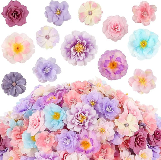 210 Pcs Mini Silk Flower Heads Small Fake Rose Daisy Faux Flowers Bulk for Crafts Artificial Loose Fabric Flowers Heads Sunflower Bulk for Wedding Hair Cap Dresses Decorations (Purple)