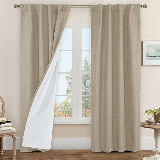 LAMIT 100% Blackout Linen Curtains, 84 Inch Linen Textured Living Room Farmhouse Curtains Room Darkening Back Tab and Rod Pocket Neutral Panels with White Liner, 2 Panels, 38 x 84 Inch, Taupe