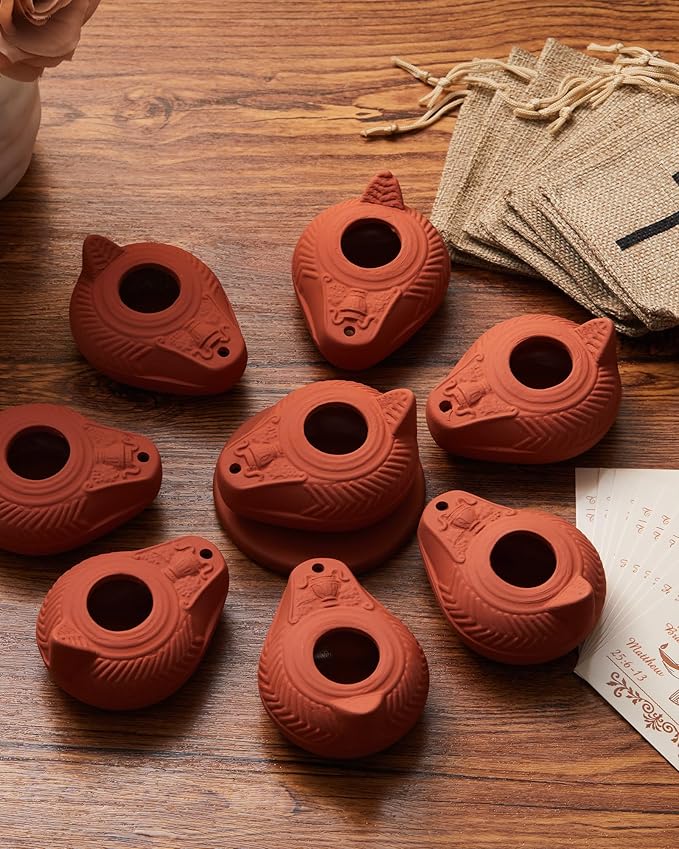 Pinkunn 10 Sets Clay Oil Lamp Herodian Olive Oil Lamp for Indoor Use Terracotta Biblical Lamps Ancient Antique Replica for Israel Judaica/Christian Hanukkah Gift Worship Prayer Religious Artifact