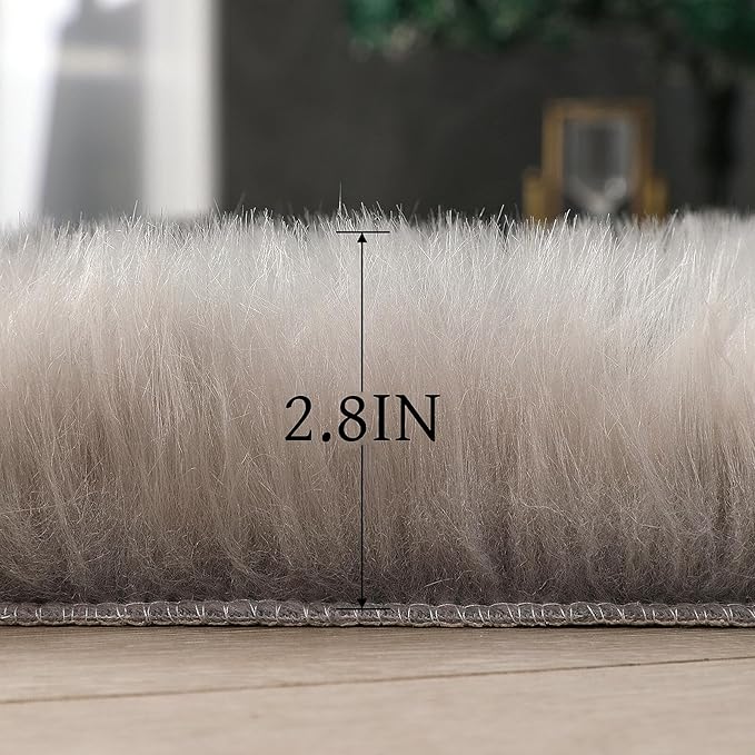 Faux Fur Rug Sheepskin Grey Shag Fluffy Fuzzy 5x7 ft Rugs for Bedroom Bedside Bed Floor Living Room Plush Rectangle High-Density Cushion Carpet Super Sofa Cover