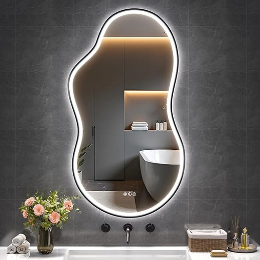 Hasipu Irregular Bathroom Mirror with Lights - 25"x45" LED Asymmetrical Wall Mirror, Abstract Modern Lighted Vanity Mirror for Wall, Anit-Fog, Dimmable, Memory, Vertical/Horizontal (Black