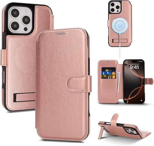CIVICASE for iPhone 16 Pro Max Wallet Case with Stand,PU Leather Flip Credit Card Holder Slots (RFID Blocking),Compatible with Magsafe Magnetic Holder Phone Cover Women Men,Rose Gold