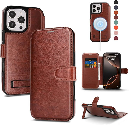 CIVICASE for iPhone 16 Pro Wallet Case with Stand,PU Leather Flip Credit Card Holder Slots (RFID Blocking),Compatible with Magsafe Magnetic Holder Phone Cover Women Men,Dark Brown