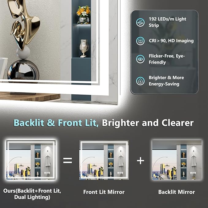 40x24 LED Bathroom Mirror with Lights, Backlit and Front Lit, Anti-Fog Lighted Vanity Mirrors for Bathroom Wall, Dimmable, 3-Color Light, Memory, Shatter-Proof, HD Tempered Glass, CRI＞90