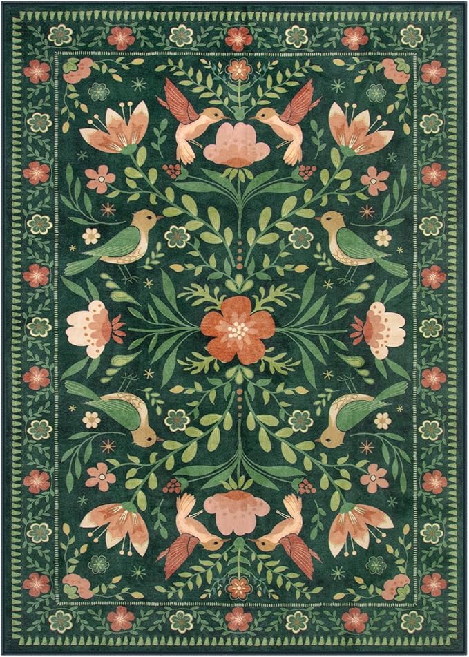 Moynesa Living Room Rug 5x7, Washable Modern Cottage Green Area Rugs for Bedroom Dining Room, Farmhouse Aesthetic Floral Bird Print Carpet, Vintage Home Decor Open Floor Areas Non-Slip Protection