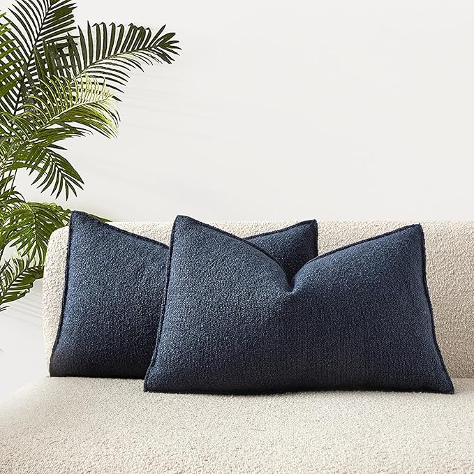 JUSPURBET 12x20 Pillow Covers Set of 2 Decorative Throw Pillow Covers Case for Couch Sofa Bed Soft Boucle Textured Lumbar Cushion Covers with Hidden Zipper for Home Decor Living Room,Navy Blue