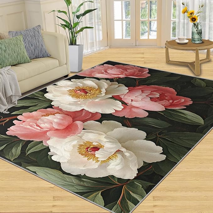 Rustic Flowers Washable Area Rug 6x9, Peony Soft Rugs for Living Room Petals Carpet Area Rugs for Bedroom Dining Room Non-Slip Stain Resistant Rug