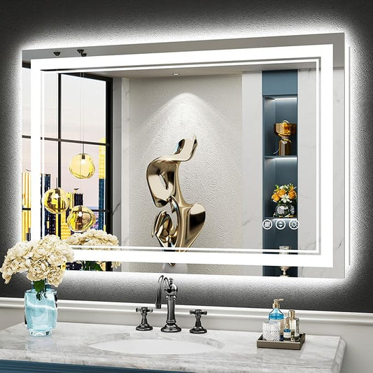 40x28 LED Bathroom Mirror with Lights, Backlit + Front Lit, Anti-Fog Lighted Vanity Mirror for Bathroom Wall, 3 Colors, Dimmable, Memory, HD Tempered Glass, Shatter-Proof, Horizontal/Vertical