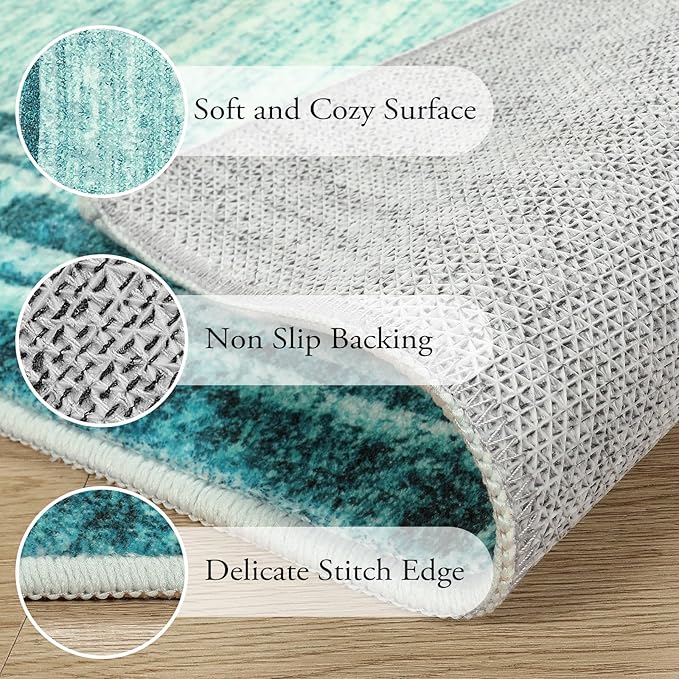 Lahome Modern Abstract Runner Rug, 2.5x10 Teal Long Kitchen Runner Non Skid Washablel Rug Runners for Hallways, Low Pile Soft Entryway Rug Indoor Floor Carpet Runner 10ft for Bedroom Laundry